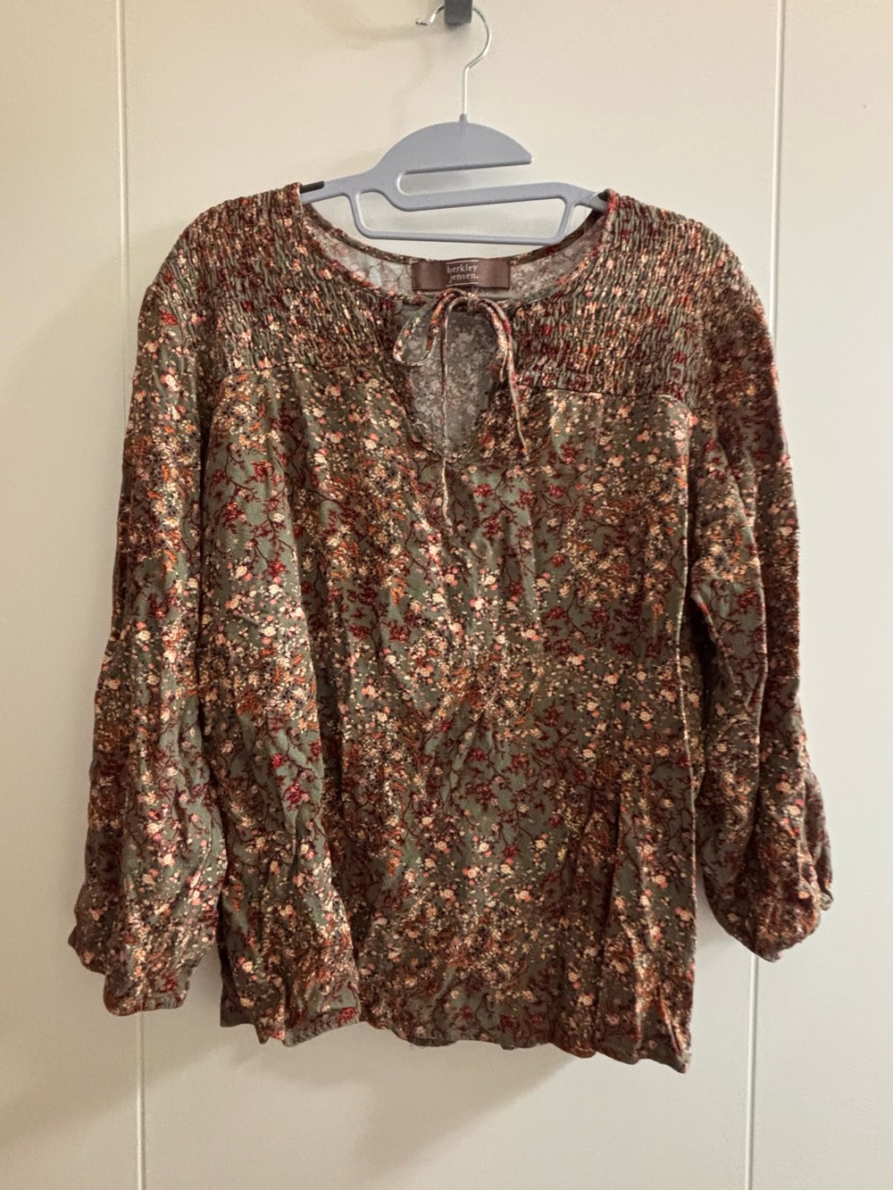 Berkley Jensen Smocked-Neck Floral Peasant Blouse - Olive Multi